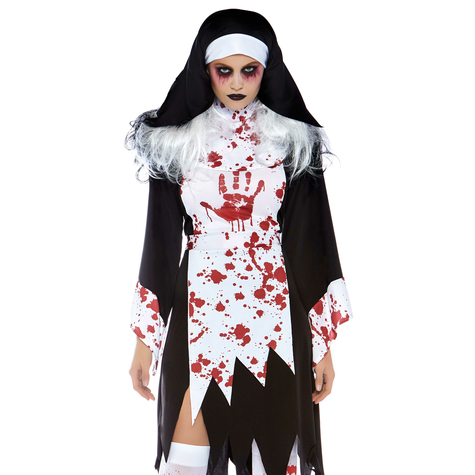 2-Delige Set Killer Nun, Inclusief Bloederige Versnipperde Jurk Met Handafdruk En Nonnen Habijt