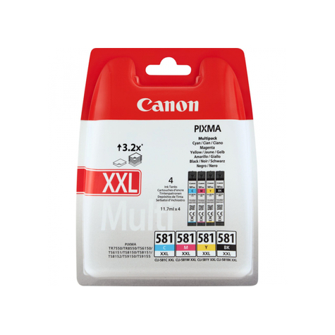 Canon Cli-581xxl Multipack Originele Inkt Op Pigmentbasis Zwart Cyaan Magenta Geel Canon Pixma Ts8152 Pixma Ts8150 Pixma Ts6150 Pixma Ts8151 Pixma Ts6151 Pixma Ts9150 Pixma Ts9155 Pixma... 11,7 Ml