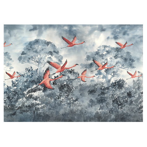 Fleece Fotobehang - Flamingo's In De Lucht - Formaat 400 X 280 Cm