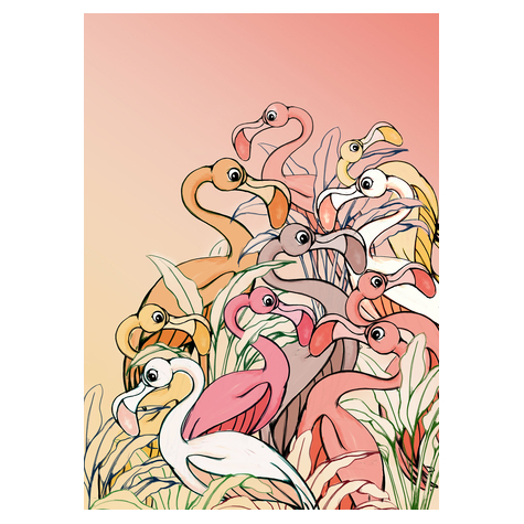 Fleece Fotobehang - Flamingo's En Lelies - Afmeting 200 X 280 Cm